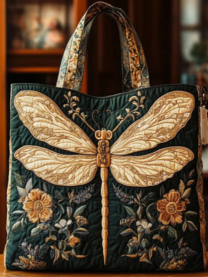 Animals  Dragonfly  Plant   Flower  Print  Quilted Tote Bag