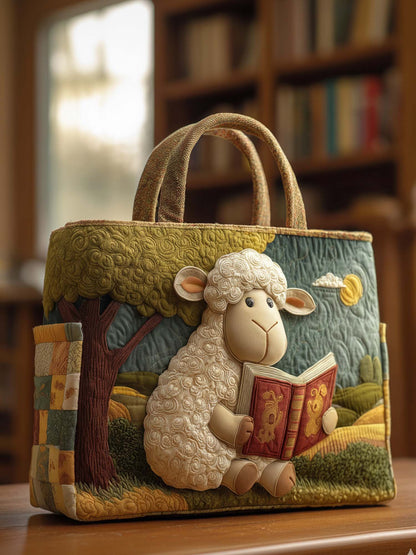 A Sheep Reading A Book Quilted Tote Bag