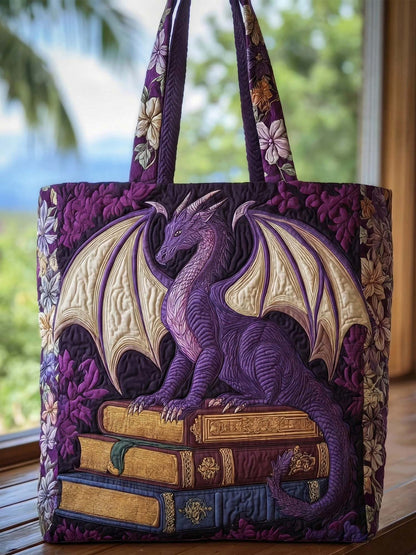 Purple Dragon And The Book Quilted Tote Bag