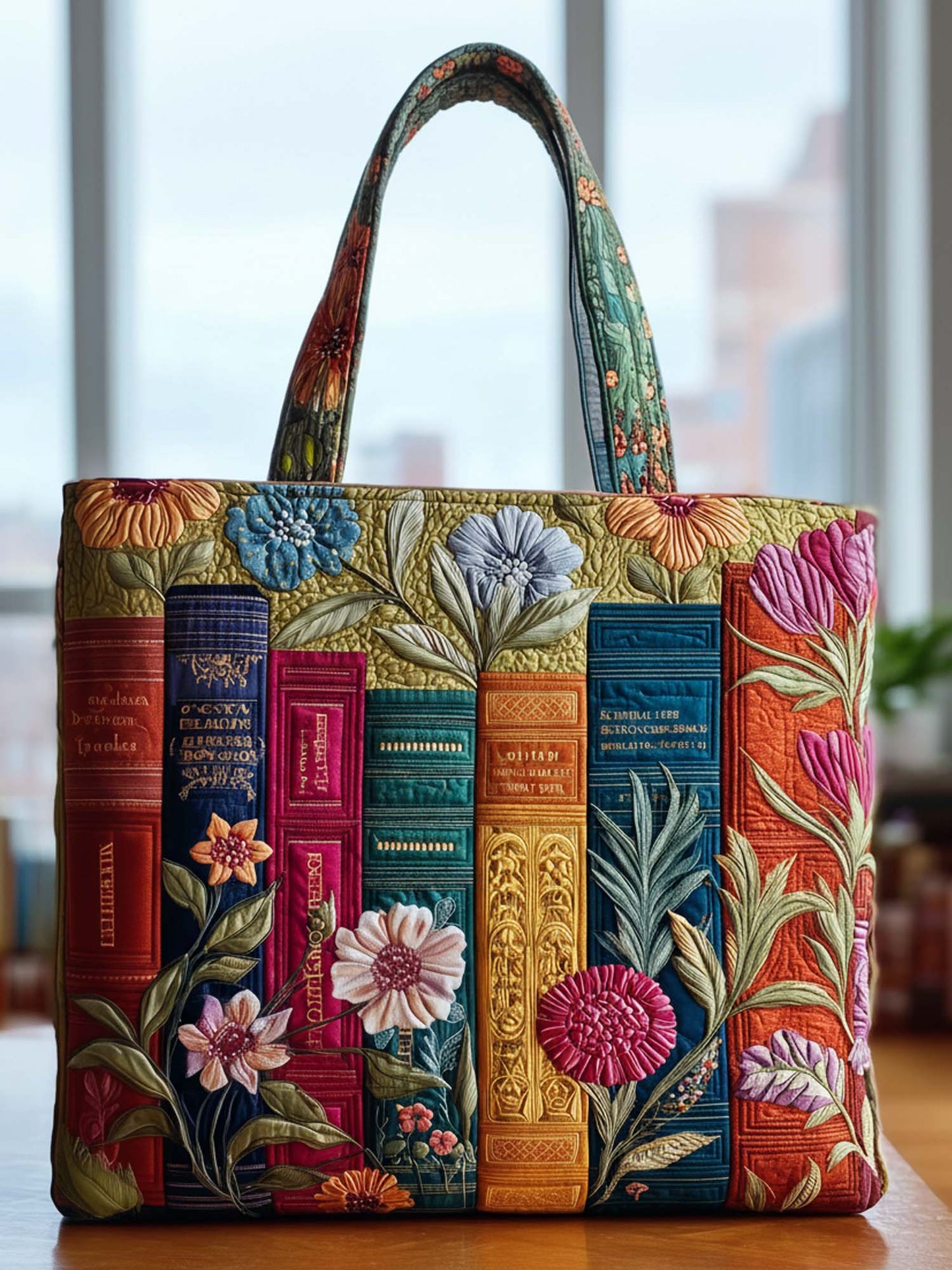 Book And Flower Quilted Tote Bag