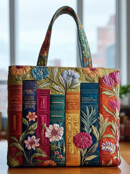 Book And Flower Quilted Tote Bag