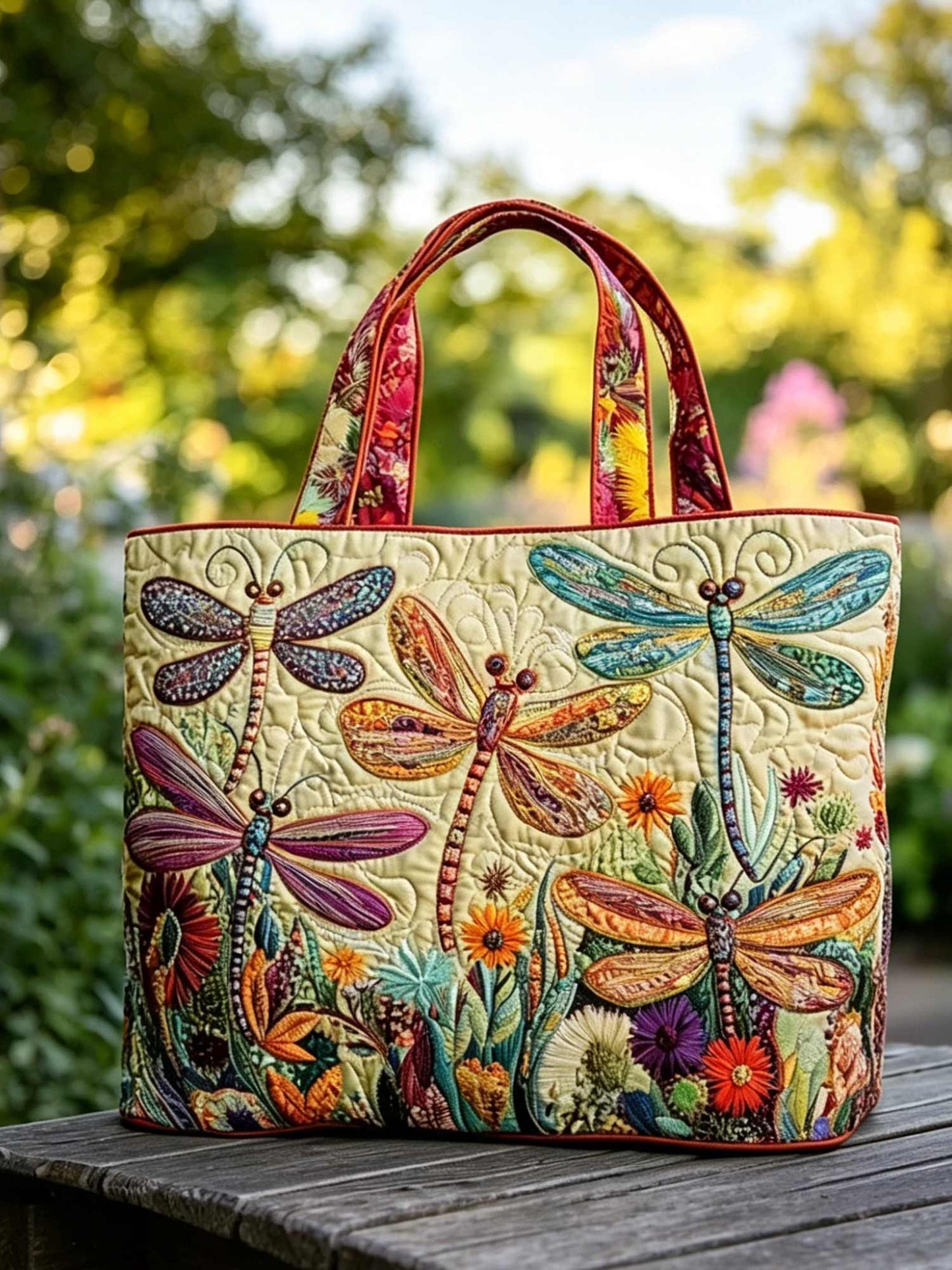 Retro Floral Dragonfly Quilted Tote Bag