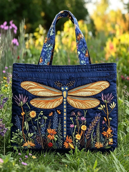 Hippie Zen Dragonfly Wildflowers Pattern Quilted Tote Bag