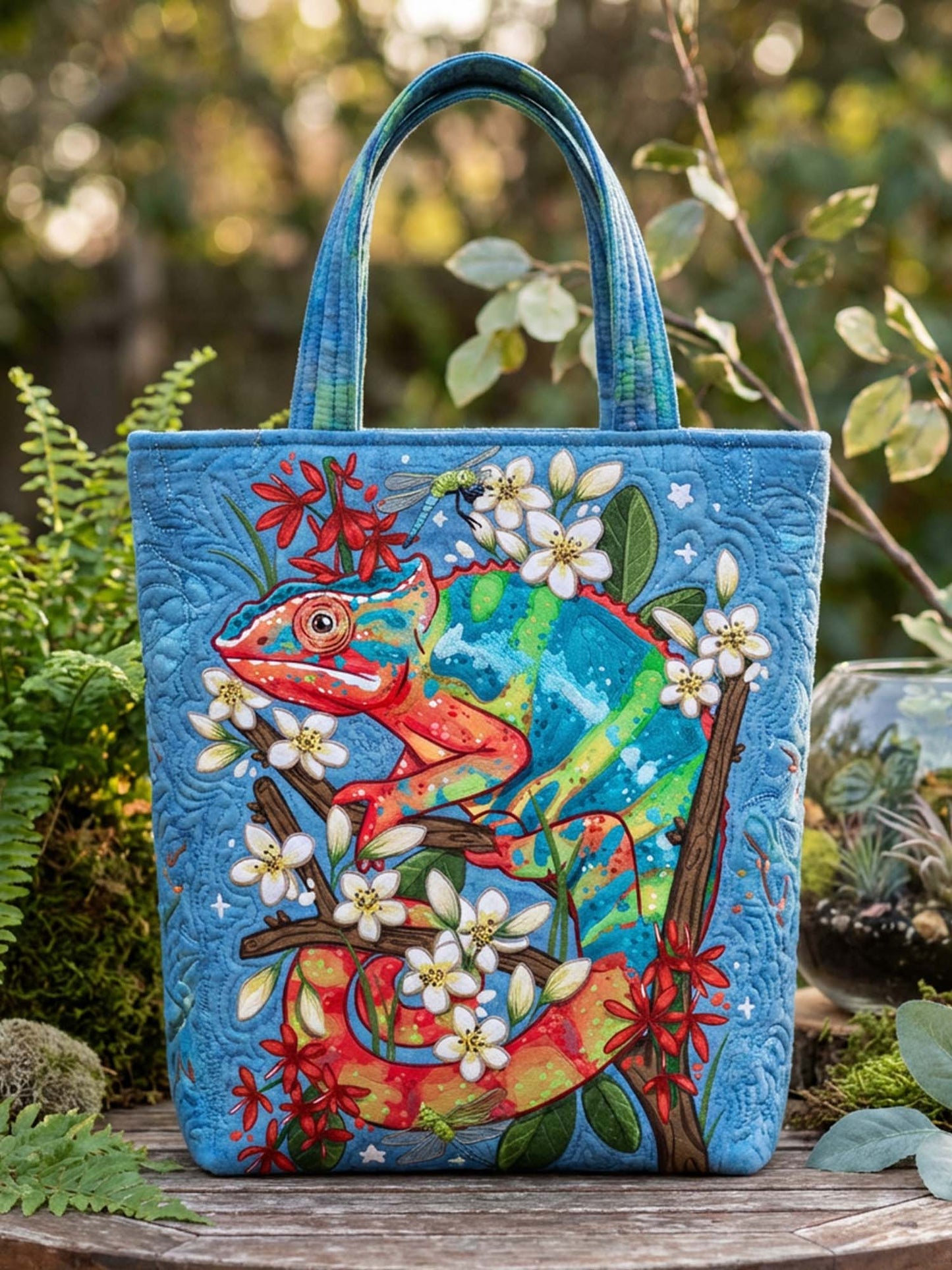 Leaves And Chameleons Quilted Tote Bag