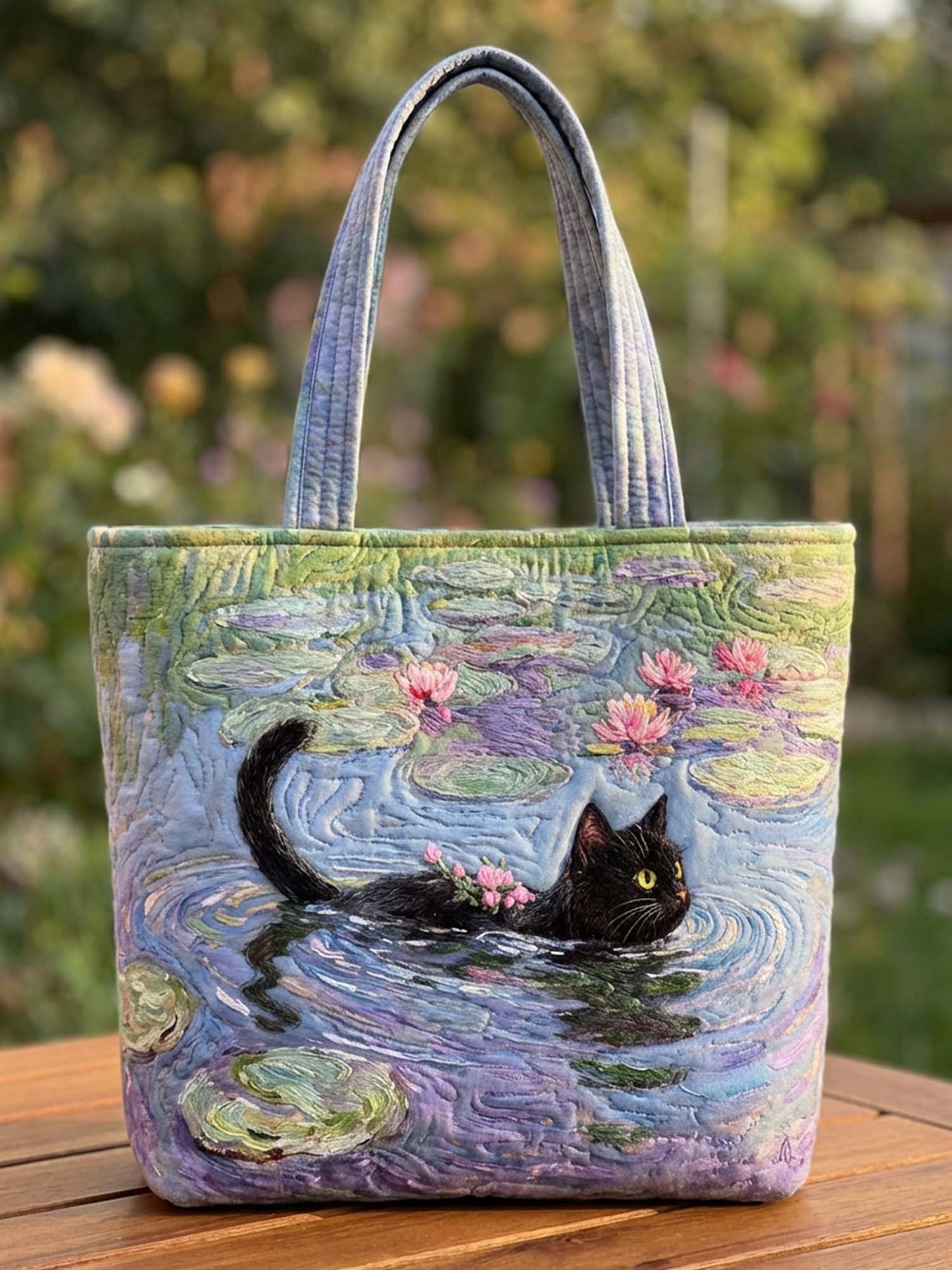 A Cat In A Water Lily Quilted Tote Bag