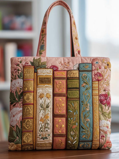 Book And Flower Quilted Tote Bag