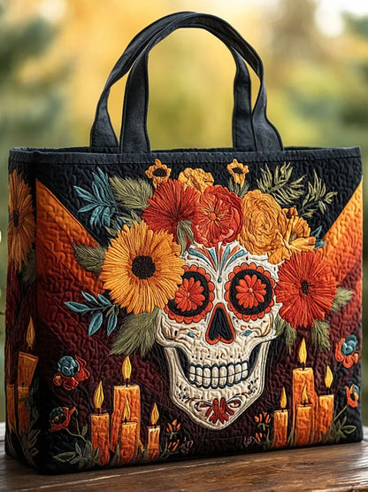 Skull   Plants Flowers    Quilted Tote Bag
