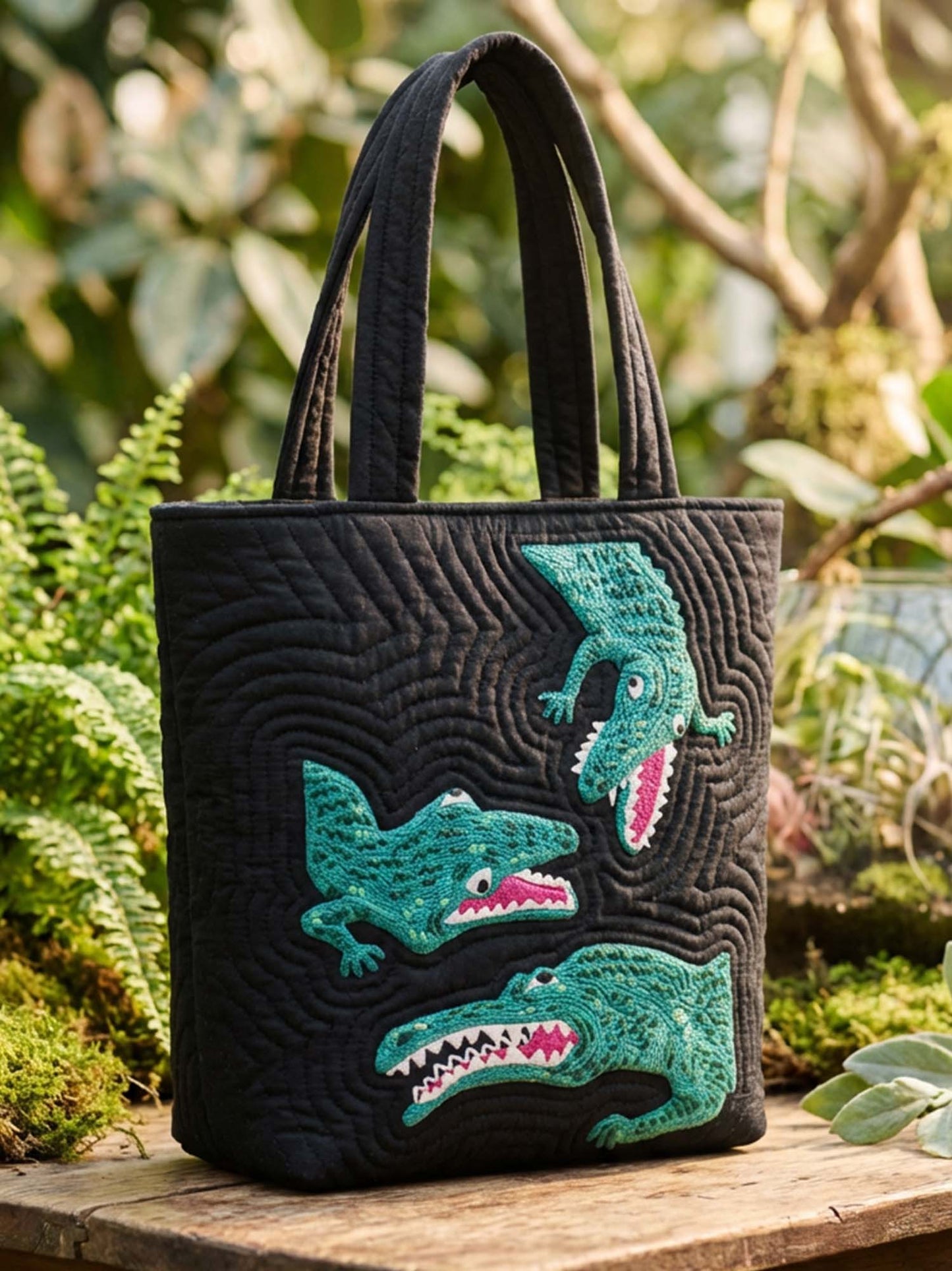 Three Crocodiles Quilted Tote Bag