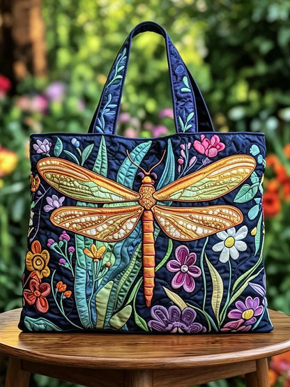 Floral Dragonfly Pattern Quilted Tote Bag