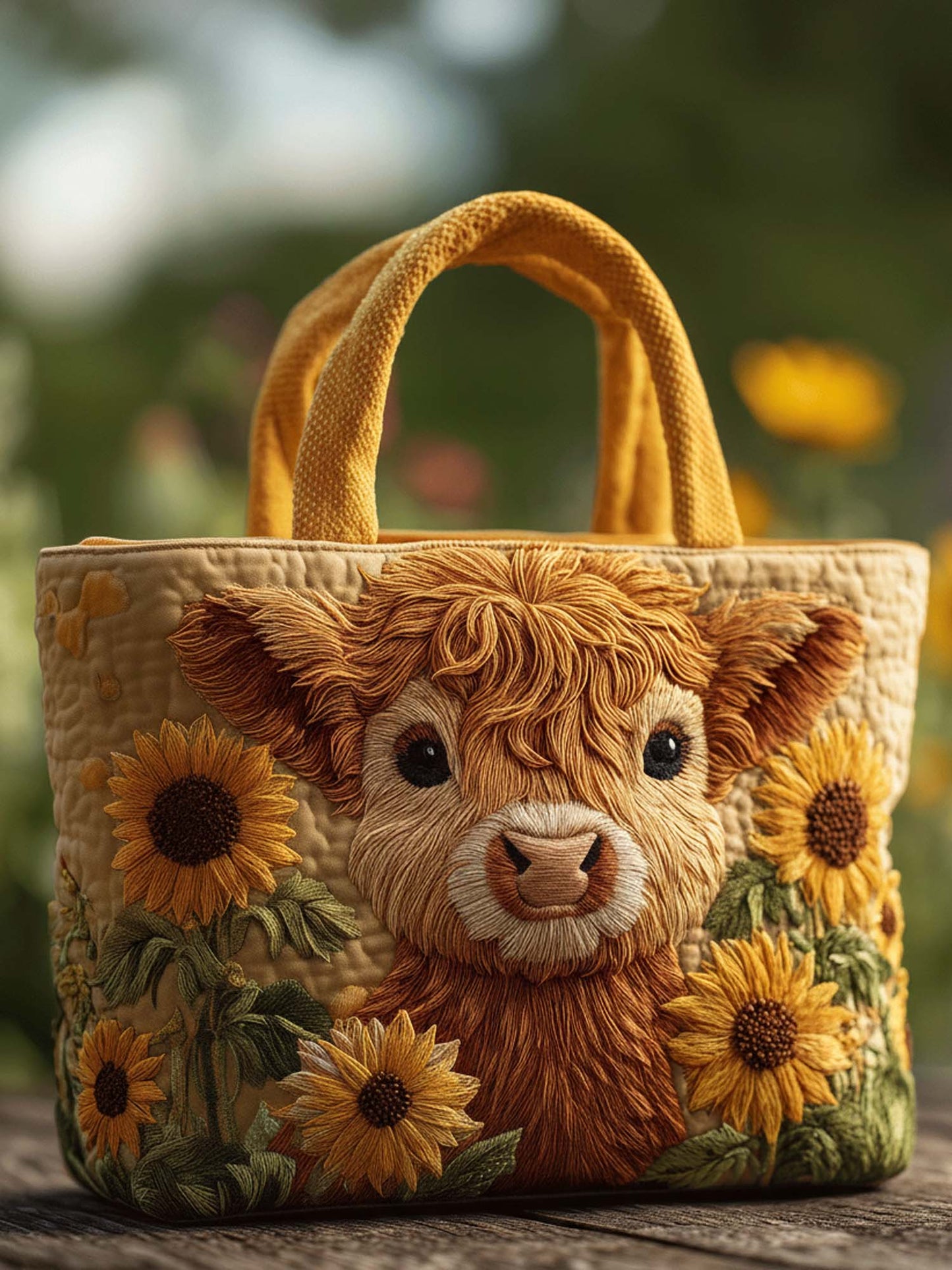 Highland Cow Sunflower Quilted Tote Bag