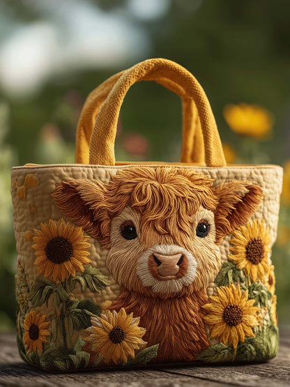Highland Cow Sunflower Quilted Tote Bag