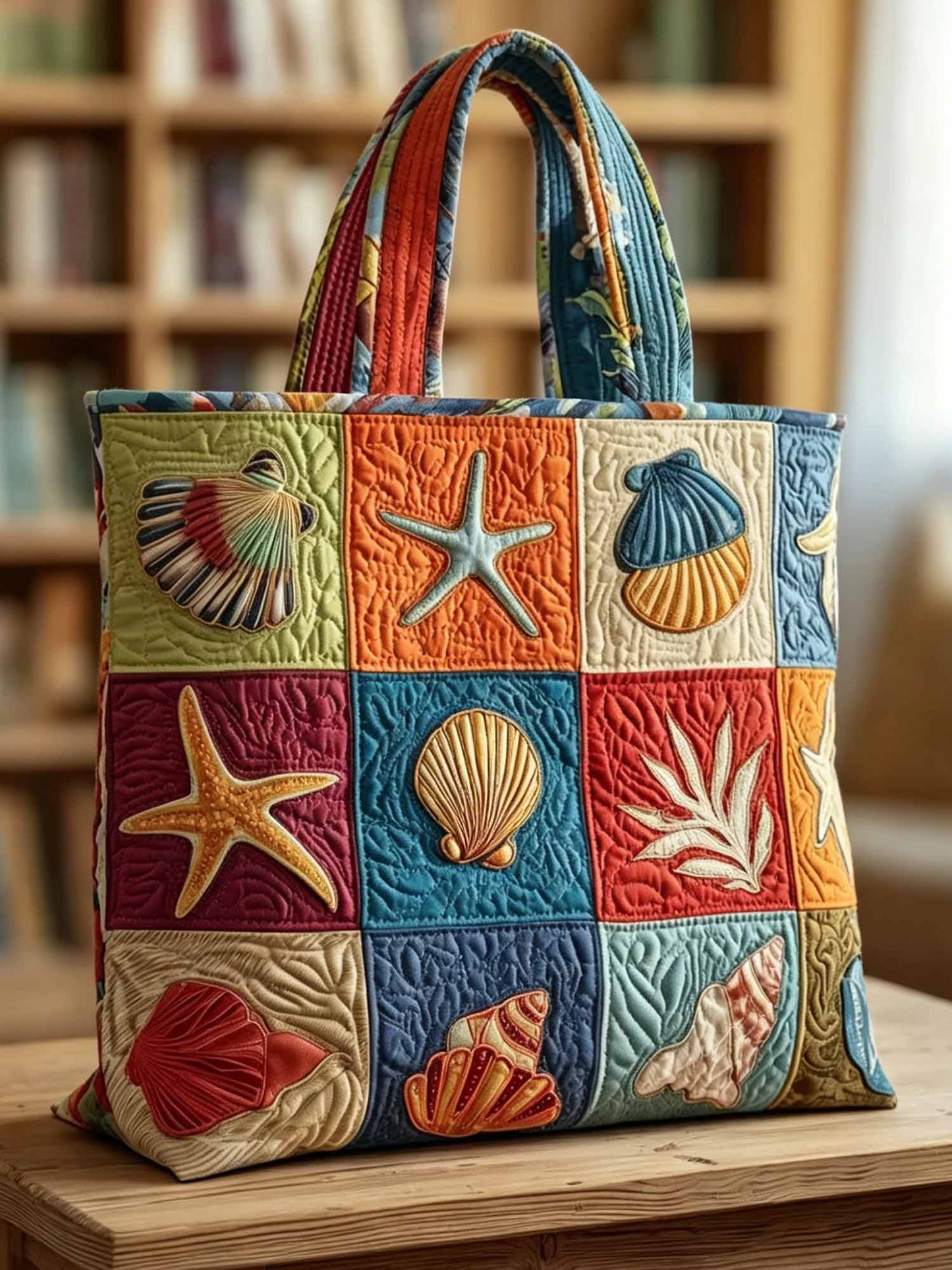 Bohemian Seashell And Starfish Patchwork Pattern Quilted Tote Bag