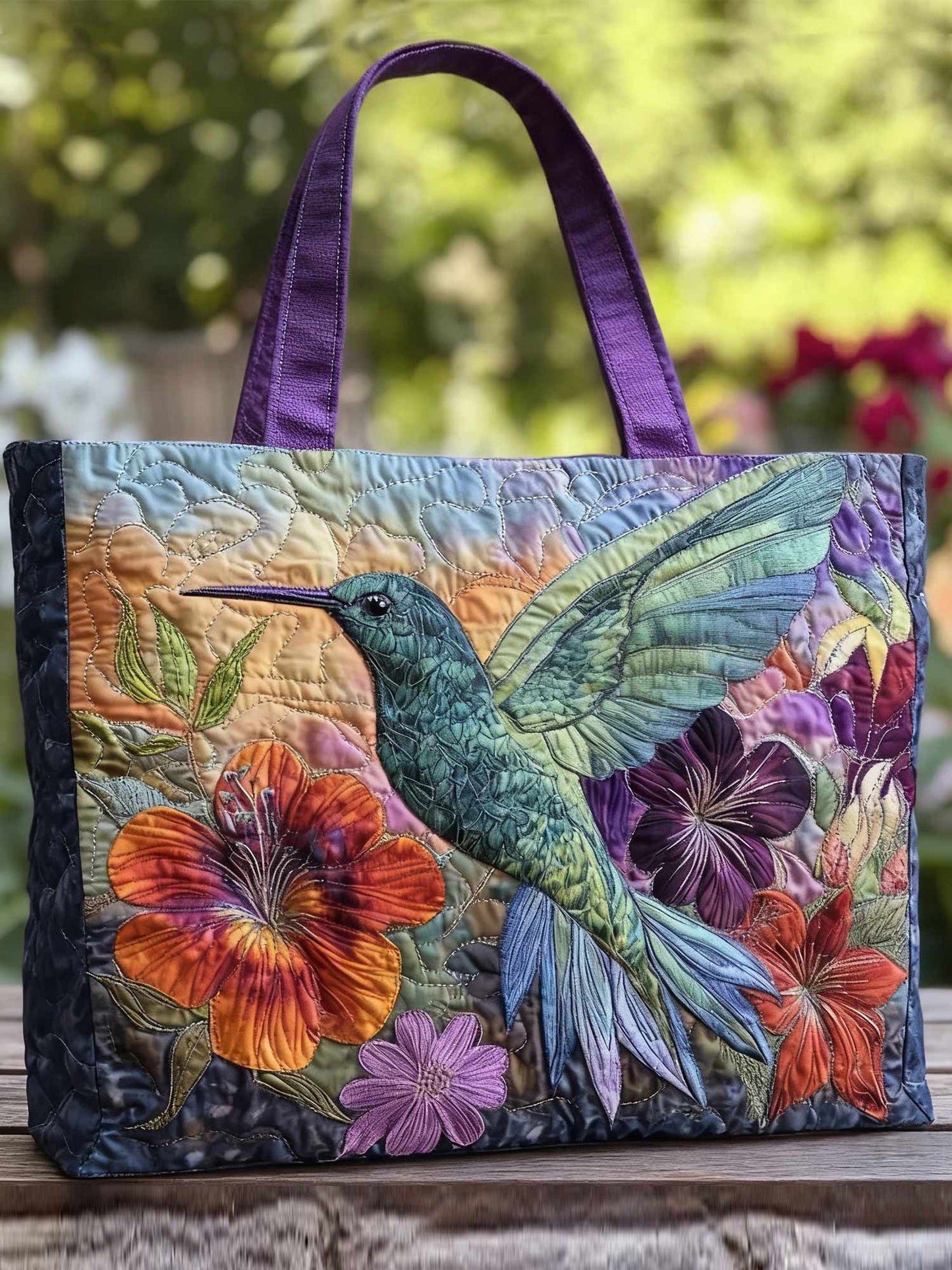 Hummingbird Flower Pattern Quilted Tote Bag
