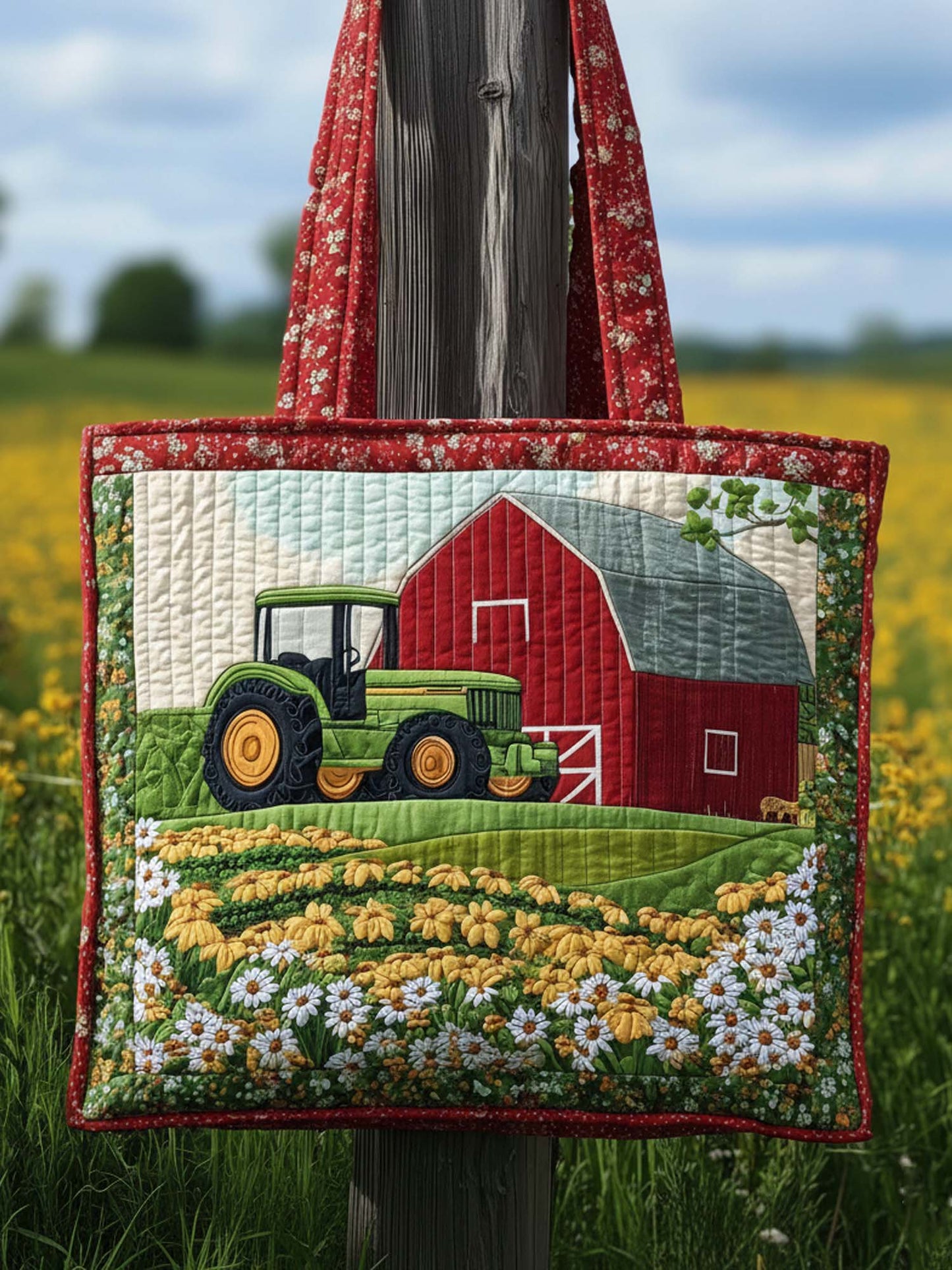 Green Tractor On The Farm Quilted Tote Bag