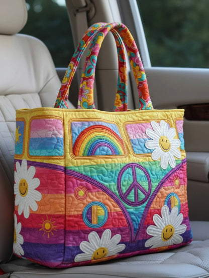 Rainbow Flower Hippie Van Quilted Tote Bag