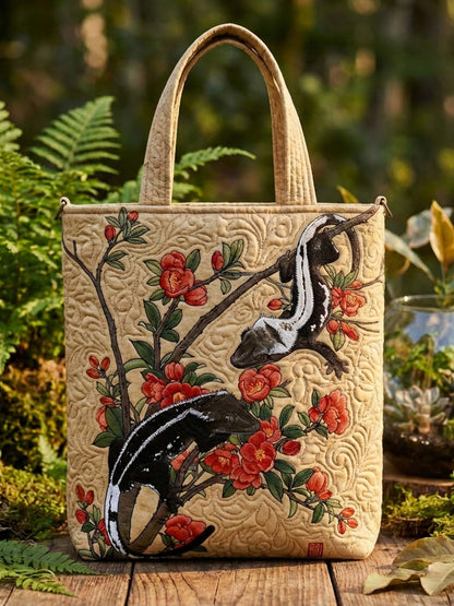 Retro Oriental Gecko And Flower Quilted Tote Bag