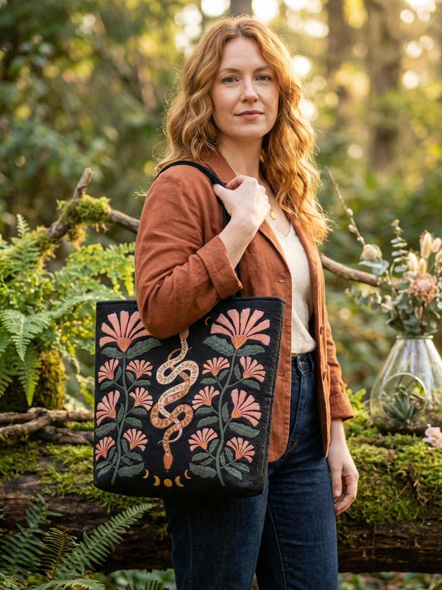 Flower And Snake Quilted Tote Bag