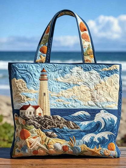 Beach Resort Lighthouse Shell Pattern Quilted Tote Bag