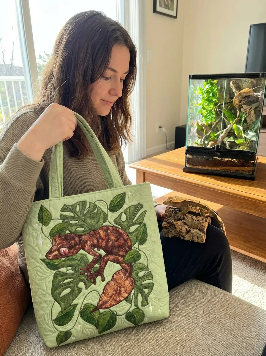 Gecko and Leaves Quilted Tote Bag