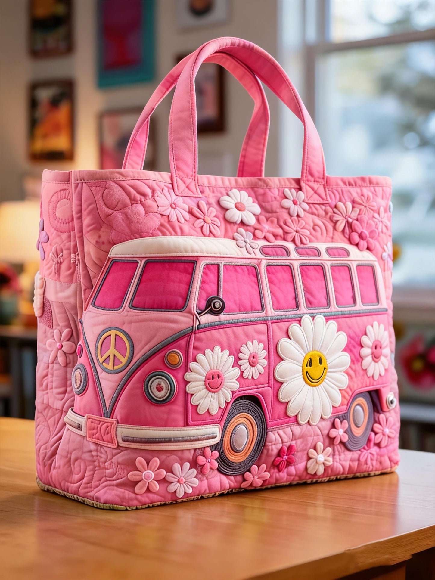 Pink Smiling Daisy Bus Quilted Handbag