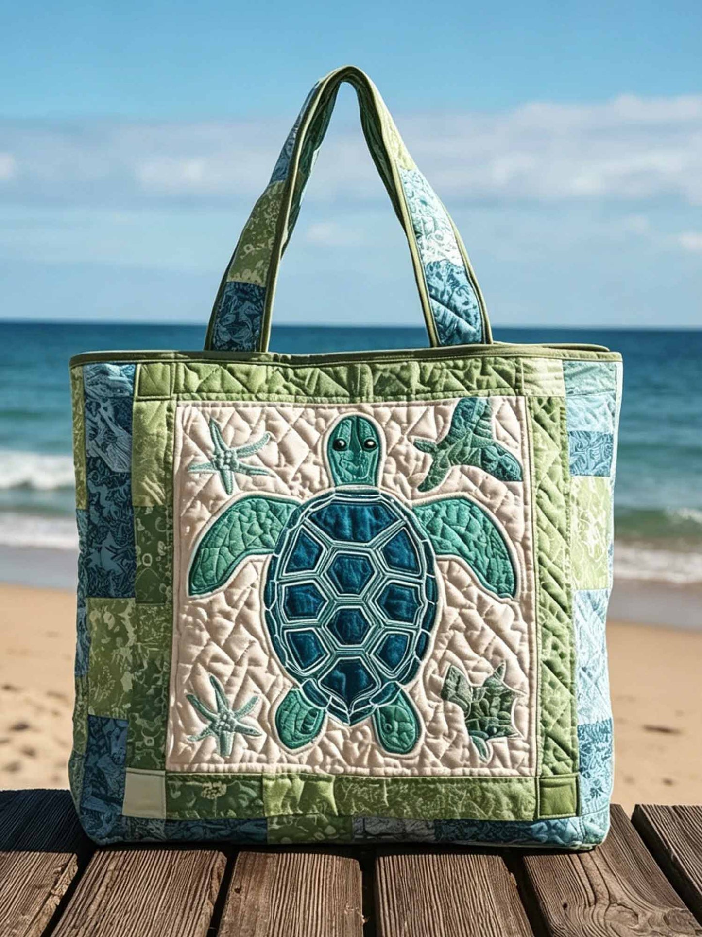 Beach Turtle Patchwork Pattern Quilted Tote Bag