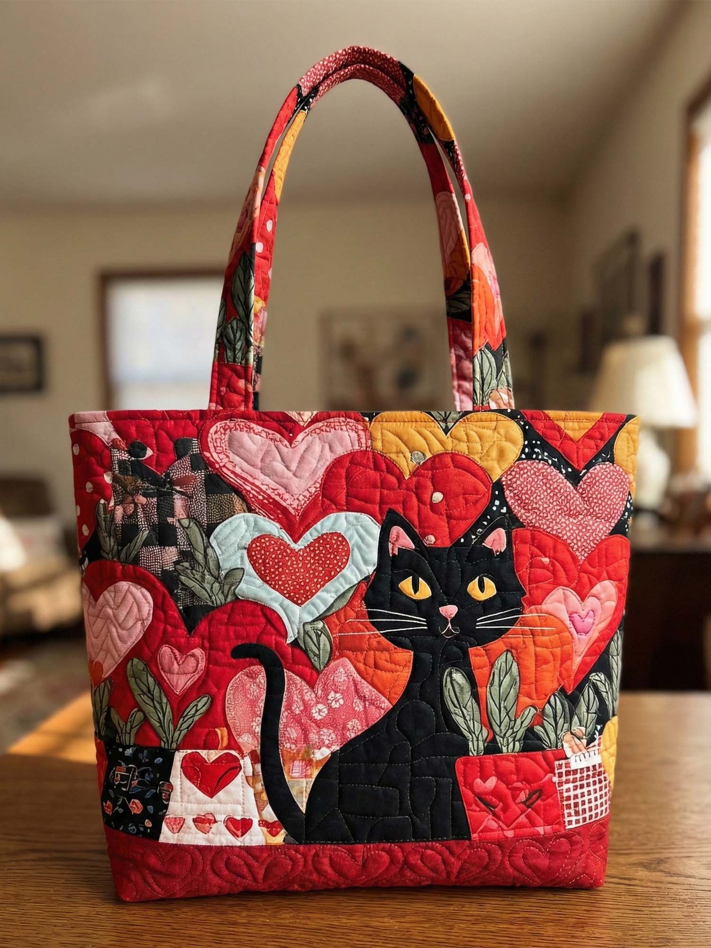 Hearts And Cat Quilted Tote Bag