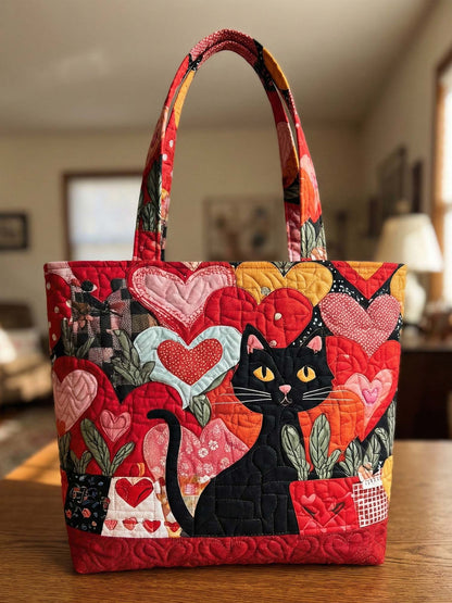 Hearts And Cat Quilted Tote Bag