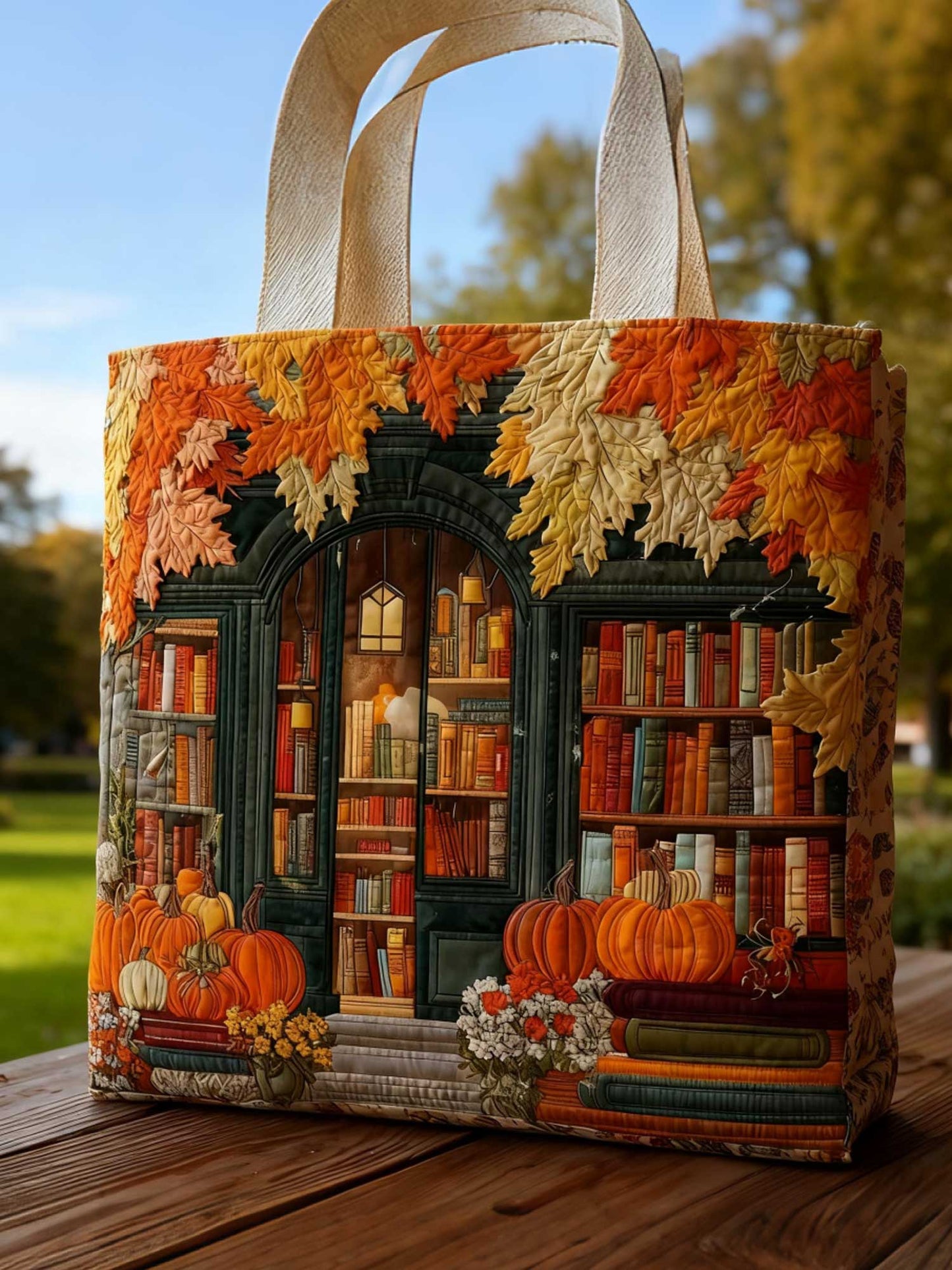 Christmas Bookstore Maple Leaf Floral Print Quilted Tote Bag