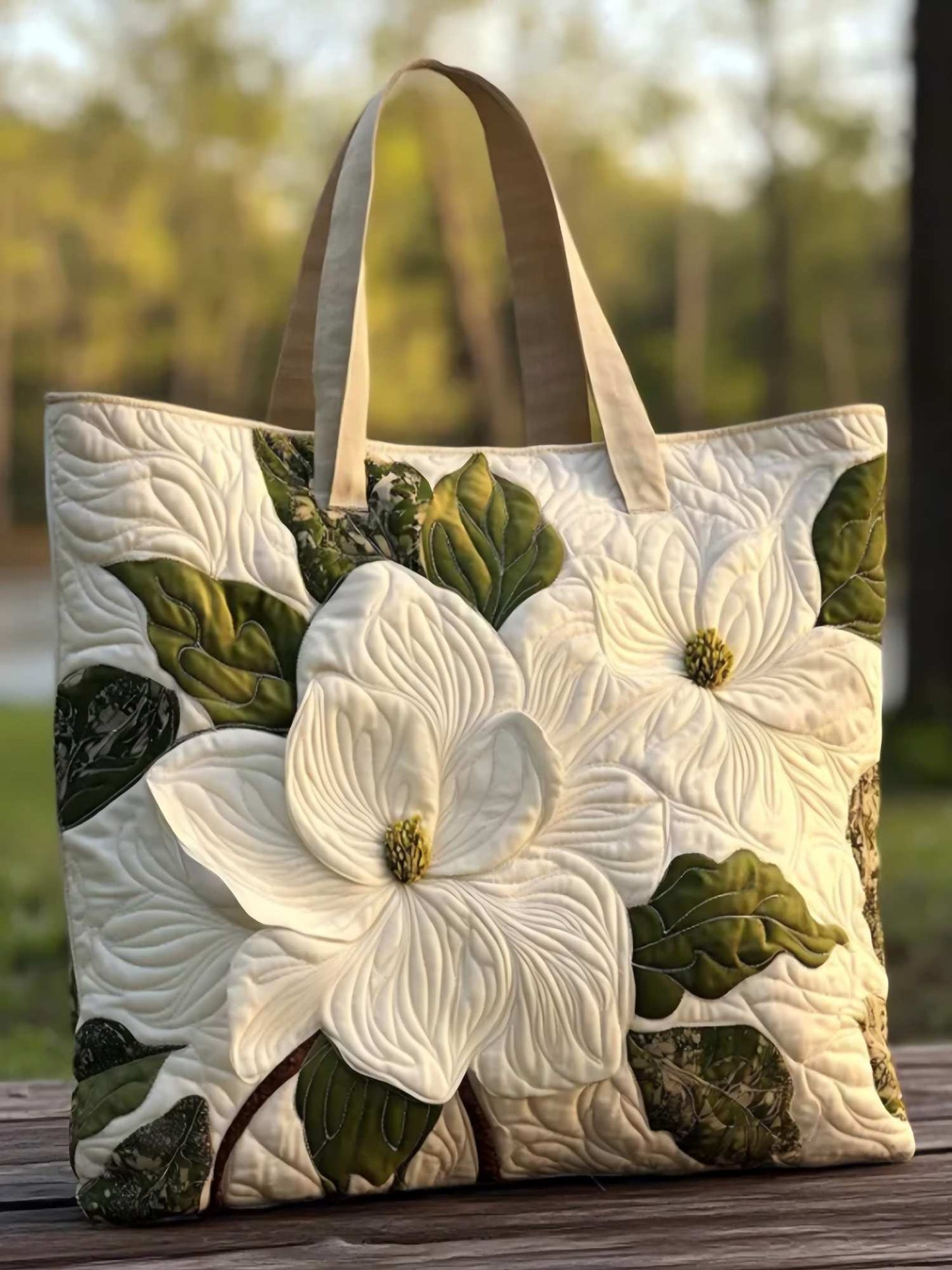 Cape Jasmine Flower Trio Quilted Tote Bag