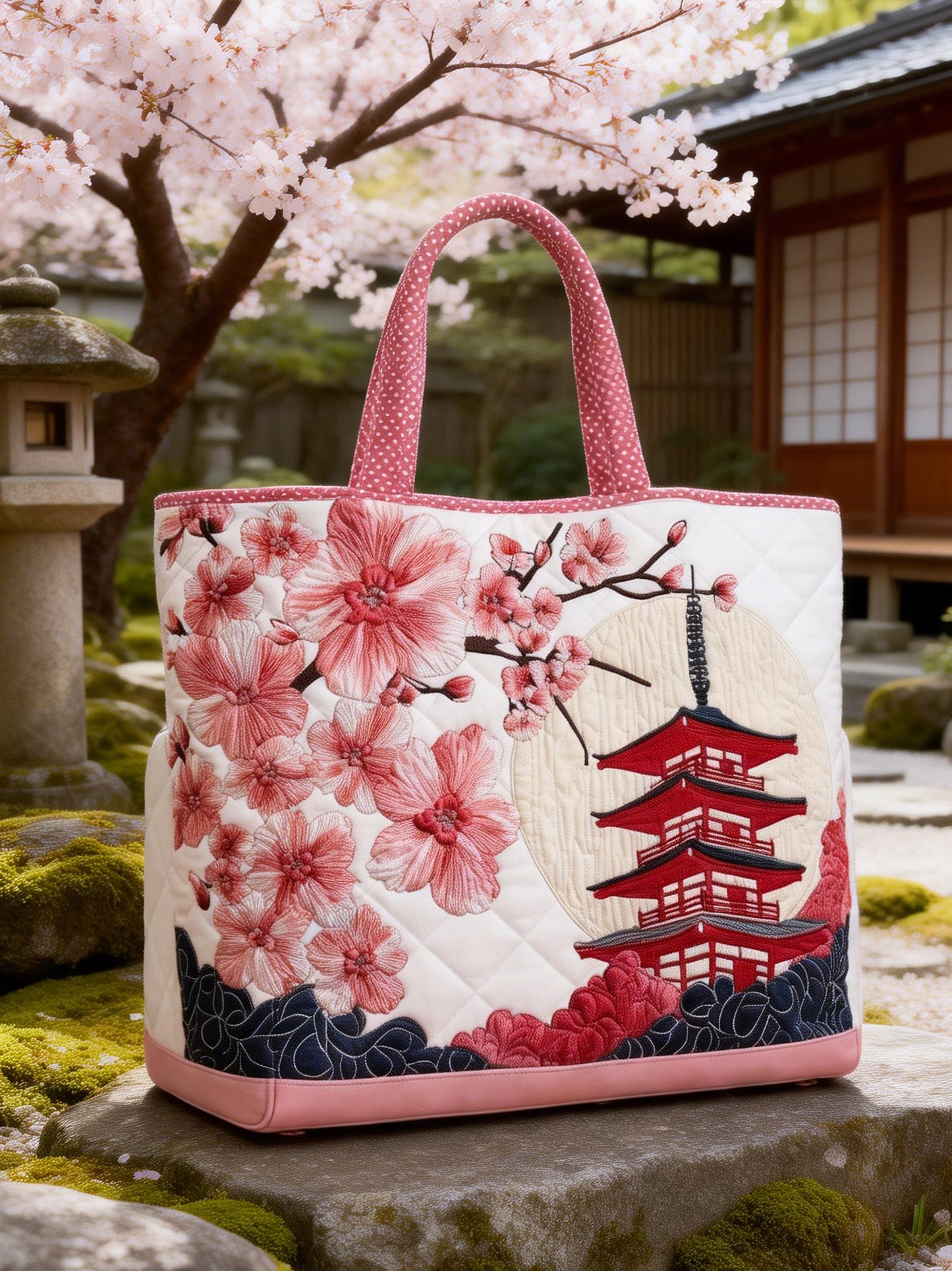 Japanese-Style Cherry Blossom Five-Tiered Pagoda Quilted Handbag