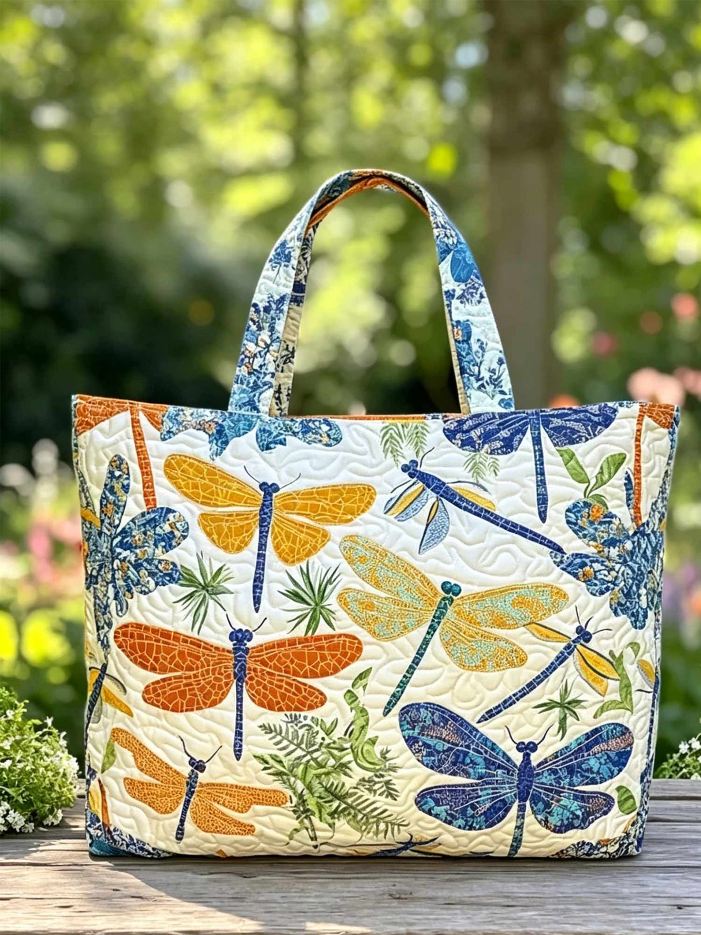 Gradient Floral Dragonfly Quilted Tote Bag
