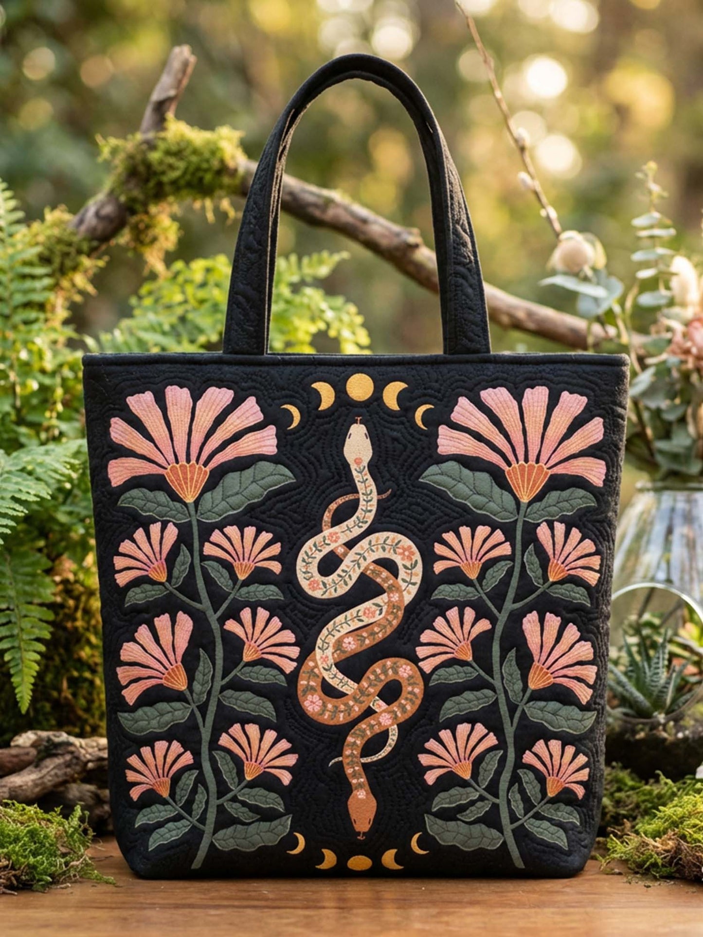 Flower And Snake Quilted Tote Bag