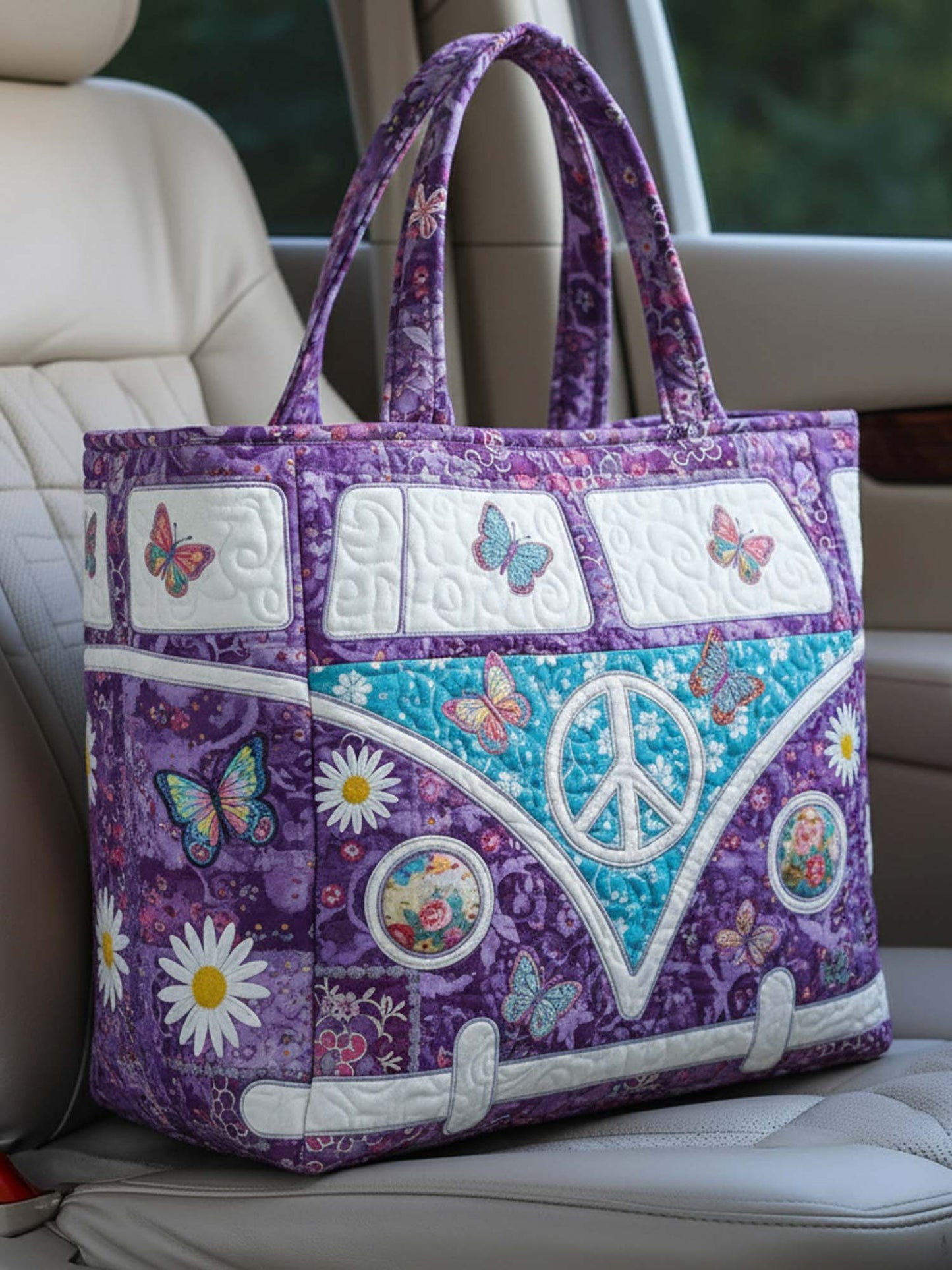 Butterfly Hippie Van Quilted Tote Bag