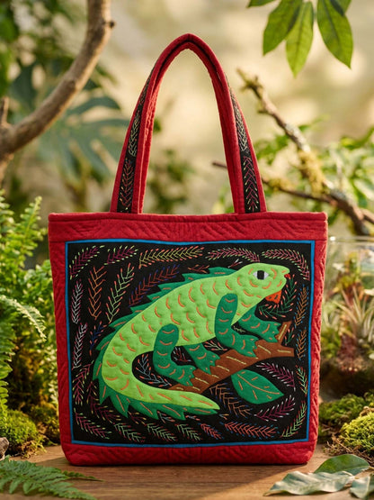 Leaves And Chameleons Quilted Tote Bag