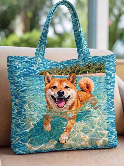 Tropical Beach Shiba Inu Quilted Tote Bag