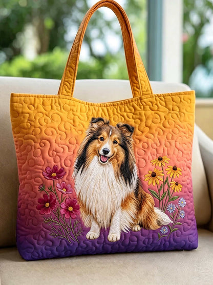 Ombre Wildflower Shetland Sheepdog Quilted Tote Bag