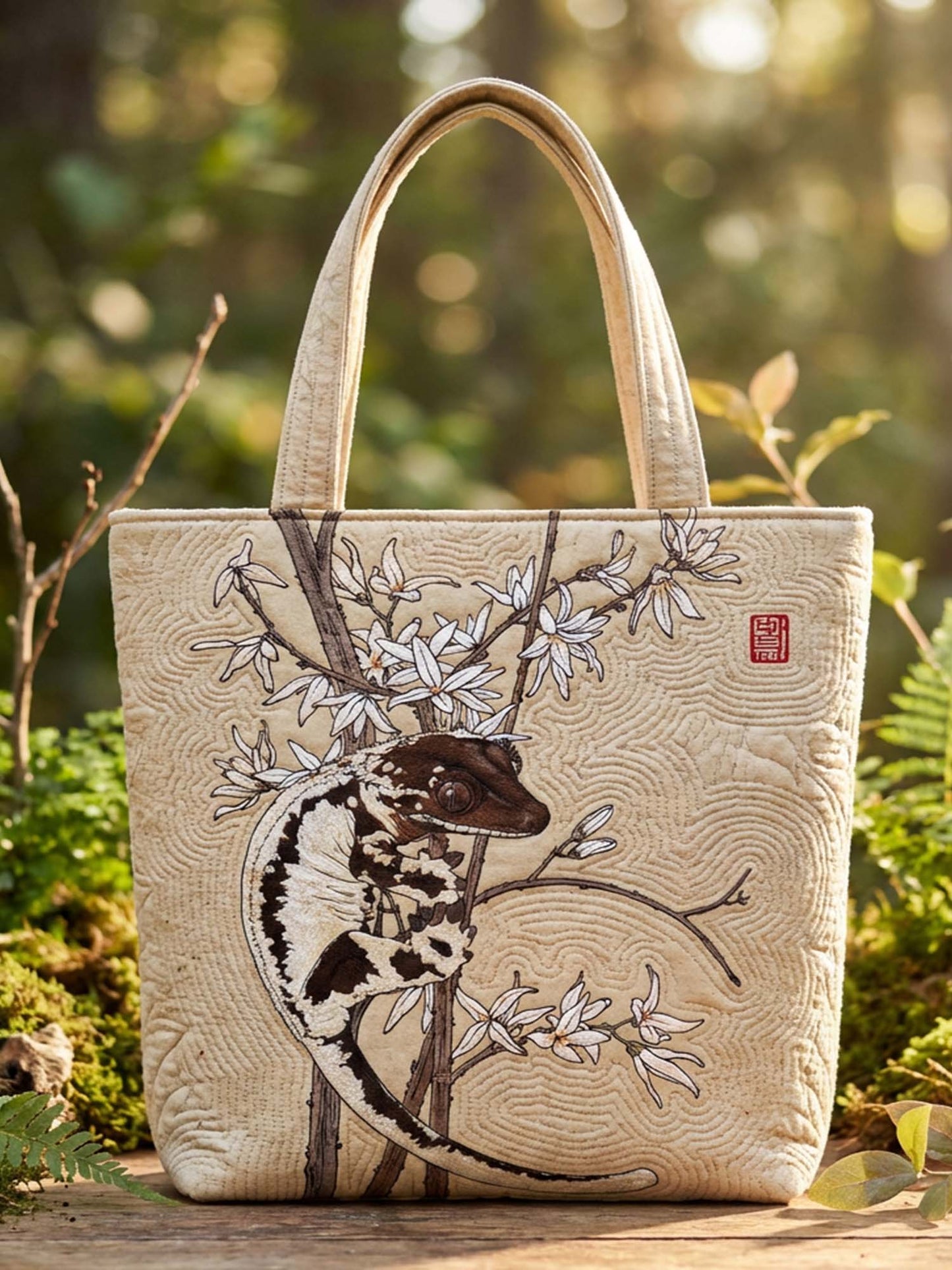 Retro Oriental Gecko And Flower Quilted Tote Bag