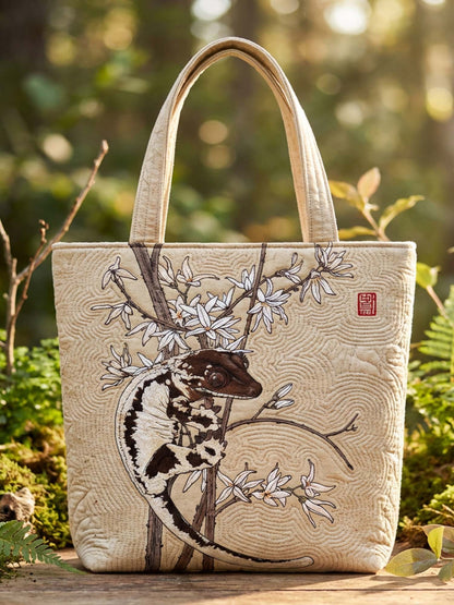 Retro Oriental Gecko And Flower Quilted Tote Bag