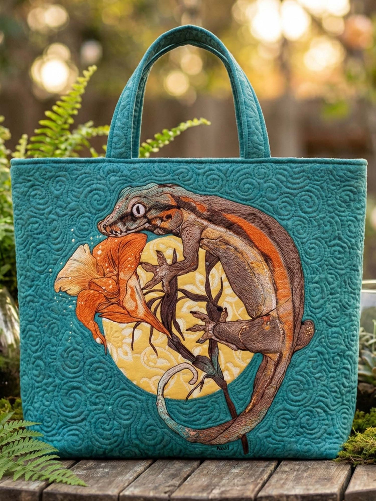 Gecko And Flower Quilted Tote Bag