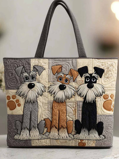 Playful Schnauzer Trio Quilted Tote Bag