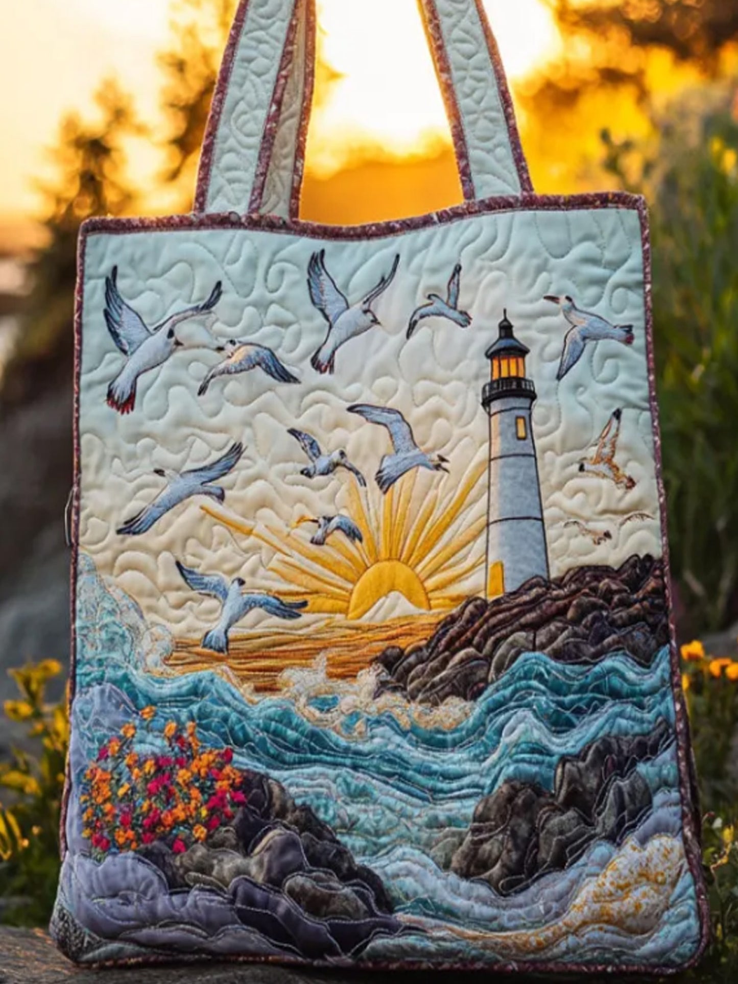 Harbor Wings Lighthouse  Quilted Tote Bag