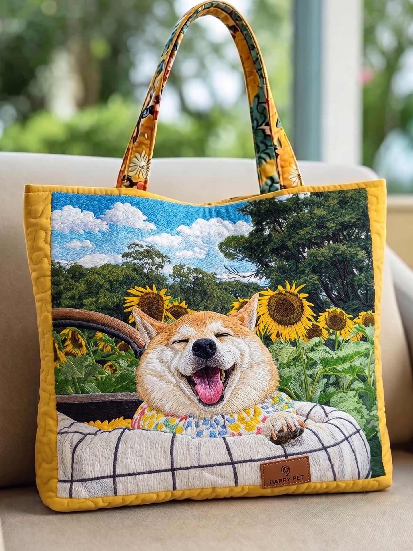 Sunflower Field Shiba Inu Quilted Tote Bag