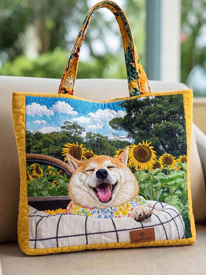 Sunflower Field Shiba Inu Quilted Tote Bag