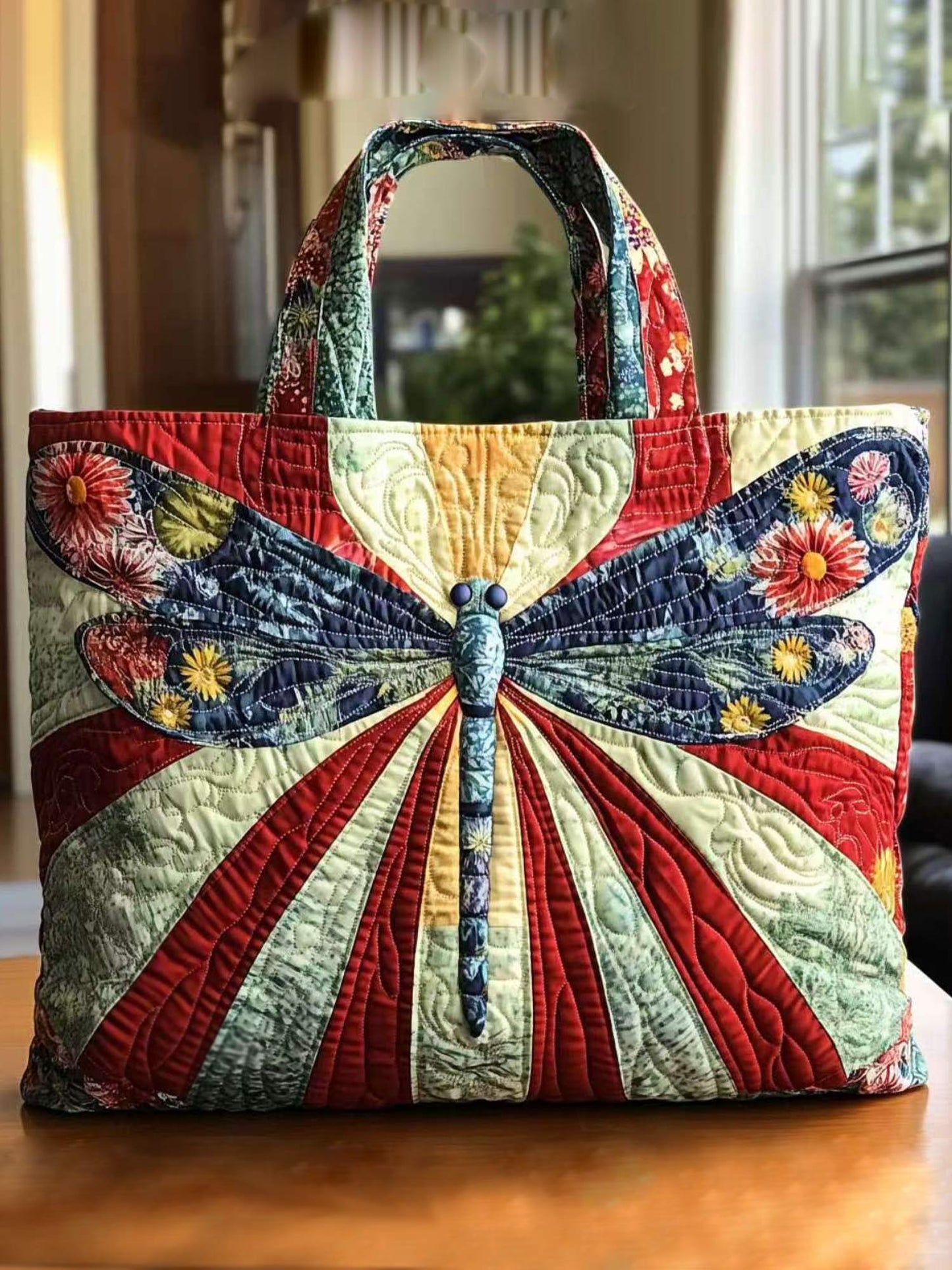 Animal dragonfly radiating floral print quilted tote bag