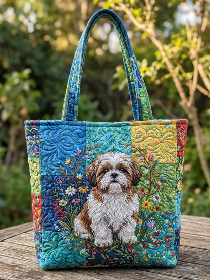 Shih Tzu Dog And Flower Quilted Tote Bag