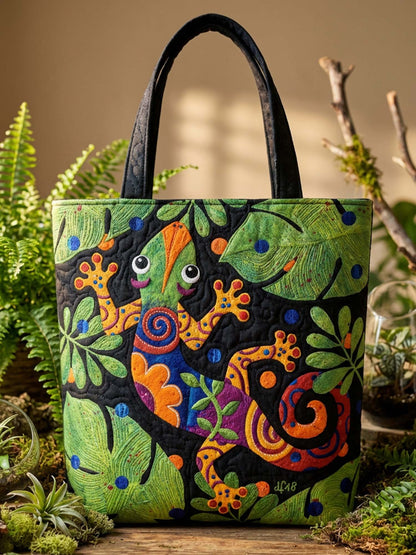 Gecko And Leaves Quilted Tote Bag