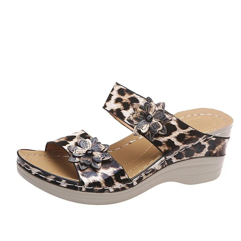 2024 🌹New Leopard Print Leather Wedge Soft Sole Sandals