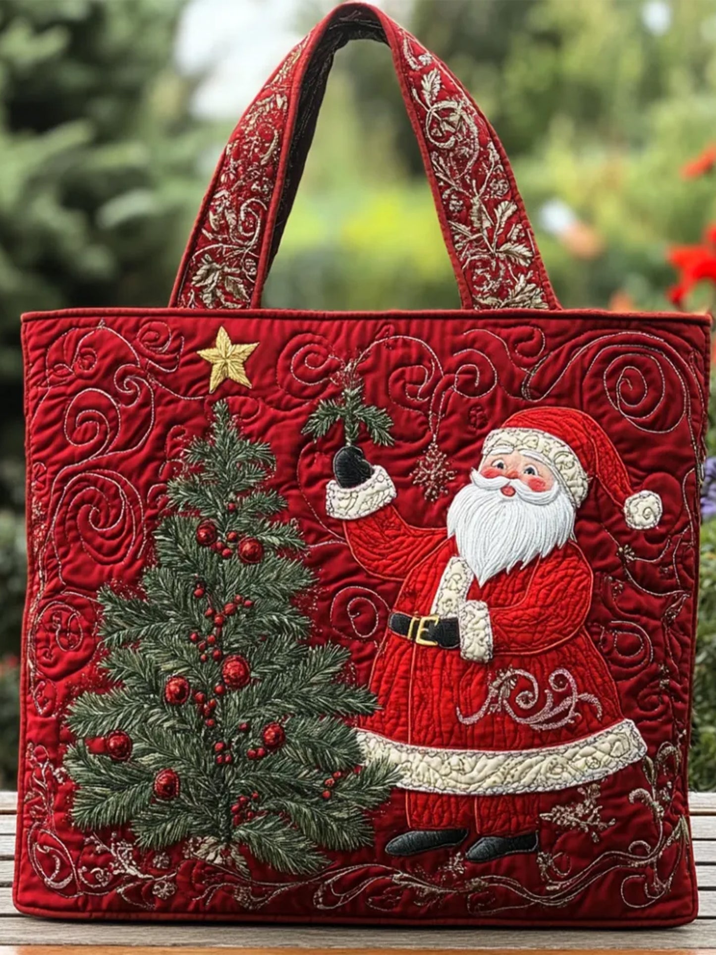 Christmas  Santa Claus   plants   Christmas trees   Quilted Tote Bag