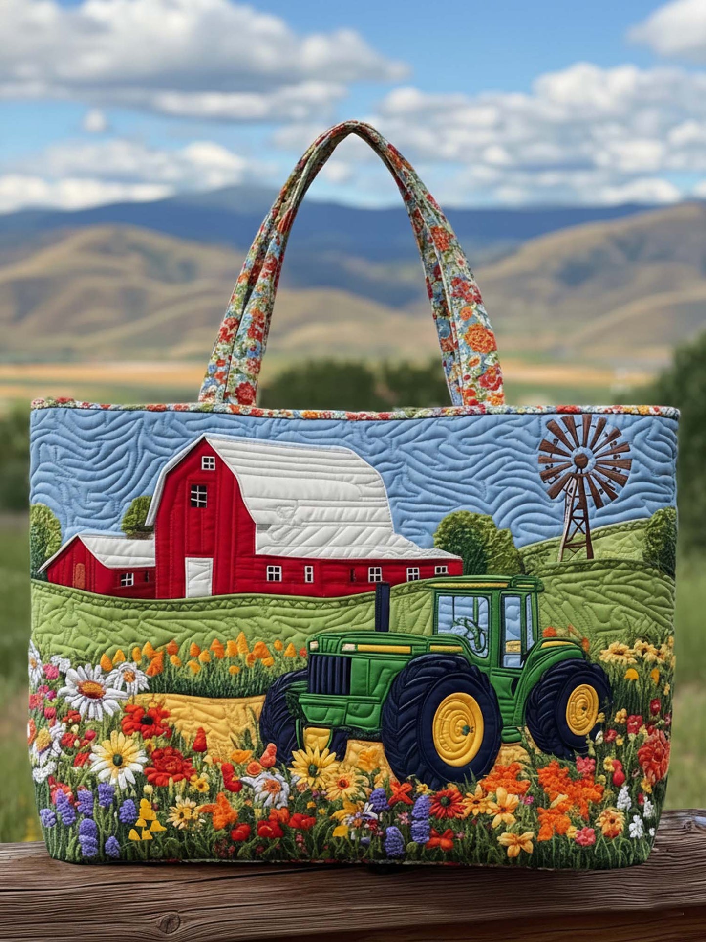 Green Tractor On The Farm Quilted Tote Bag