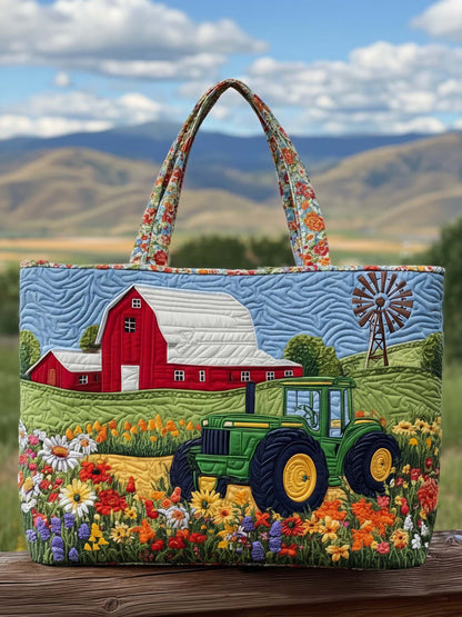 Green Tractor On The Farm Quilted Tote Bag